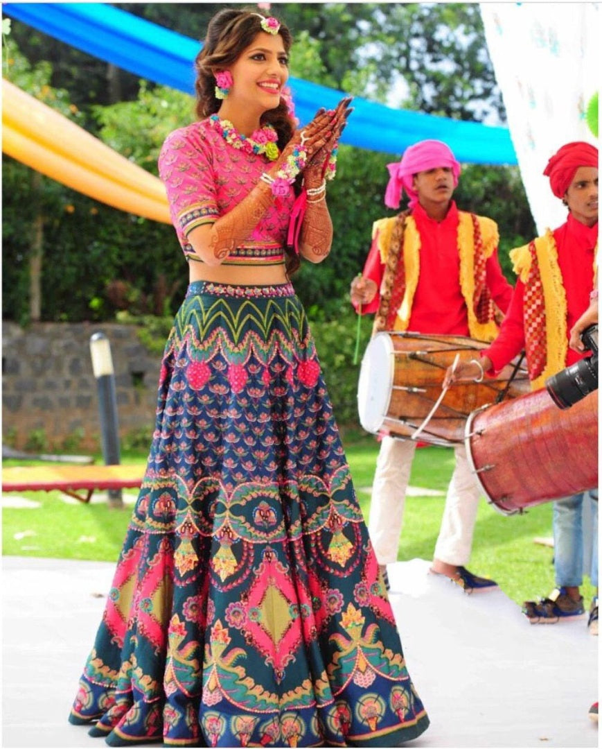 Dark blue multi digital printed ceremonial lehenga choli