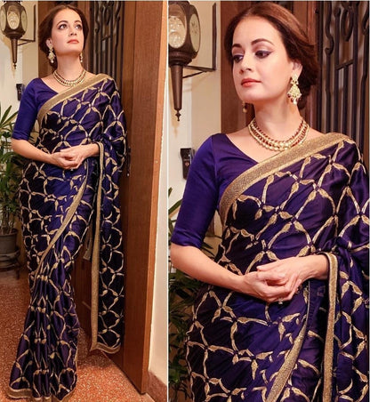 Dark blue sana silk embroidered stylist partywear saree