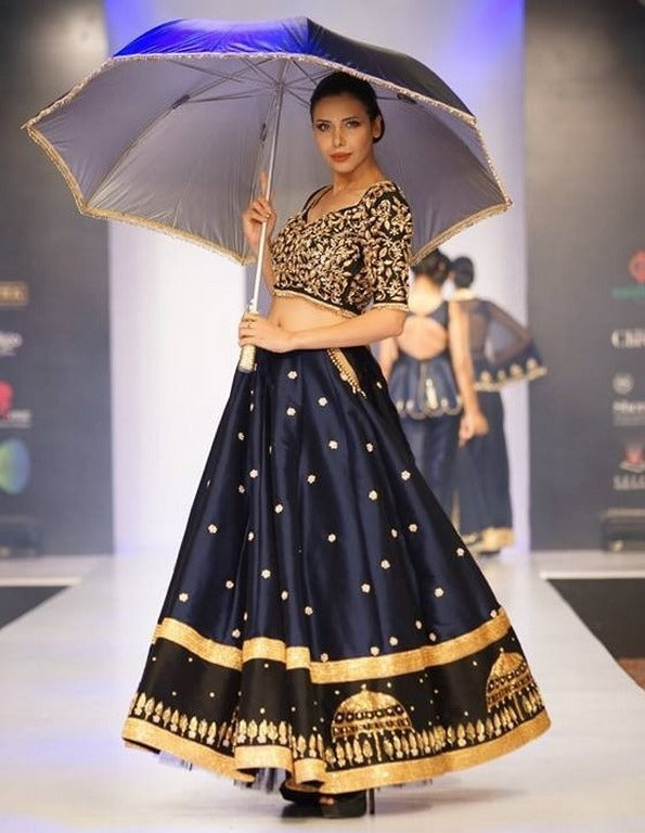 Dark blue satin silk embroidered ceremonial lehenga