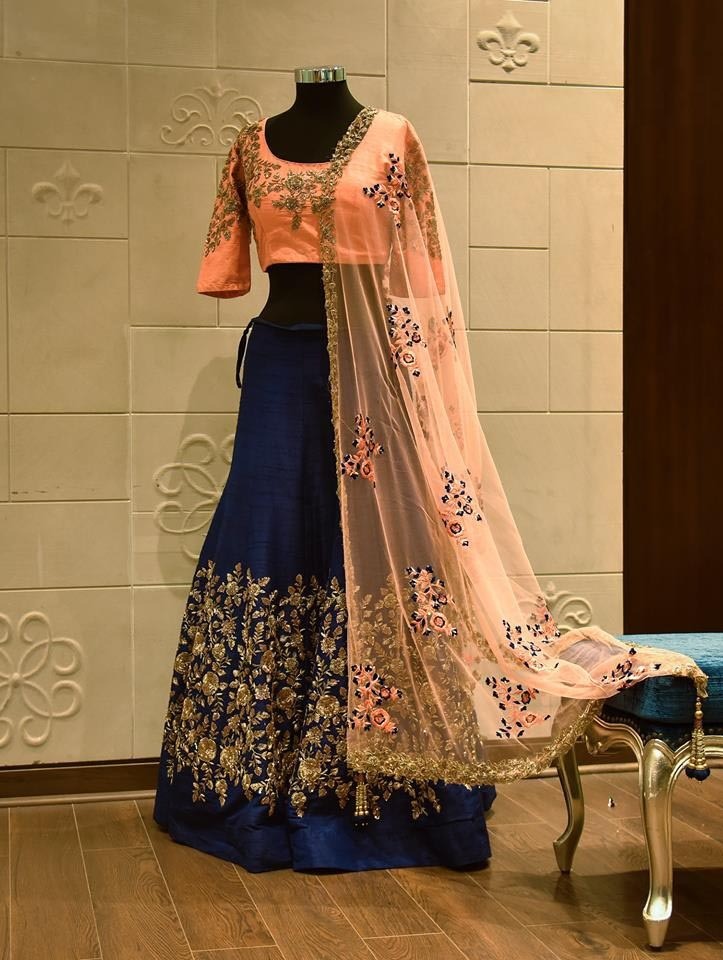 Dark blue silk heavy embroidered ceremonial lehenga