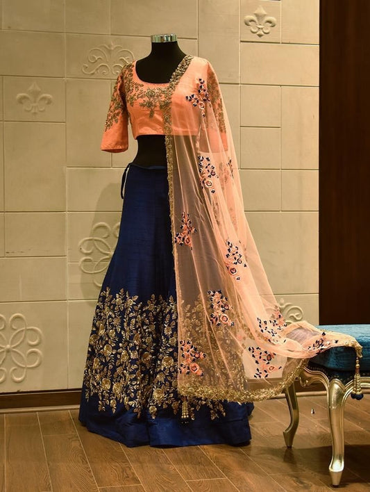 Dark blue silk heavy embroidered ceremonial lehenga