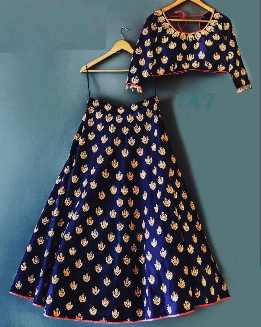 Dark blue tafeta silk beautiful embroidered Wedding lehenga choli