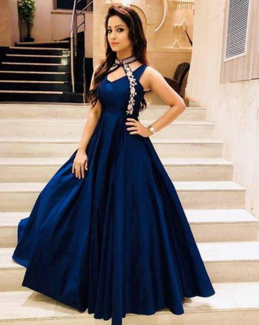 Dark blue tafeta silk plain partywear gown