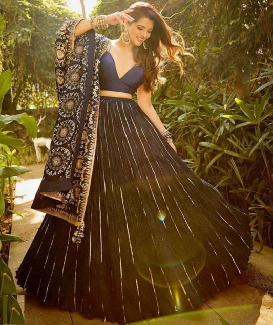 Dark blue taffeta phantom embroidered sequence worked lehenga choli