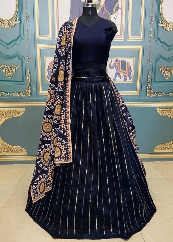 Dark blue taffeta phantom embroidered sequence worked lehenga choli