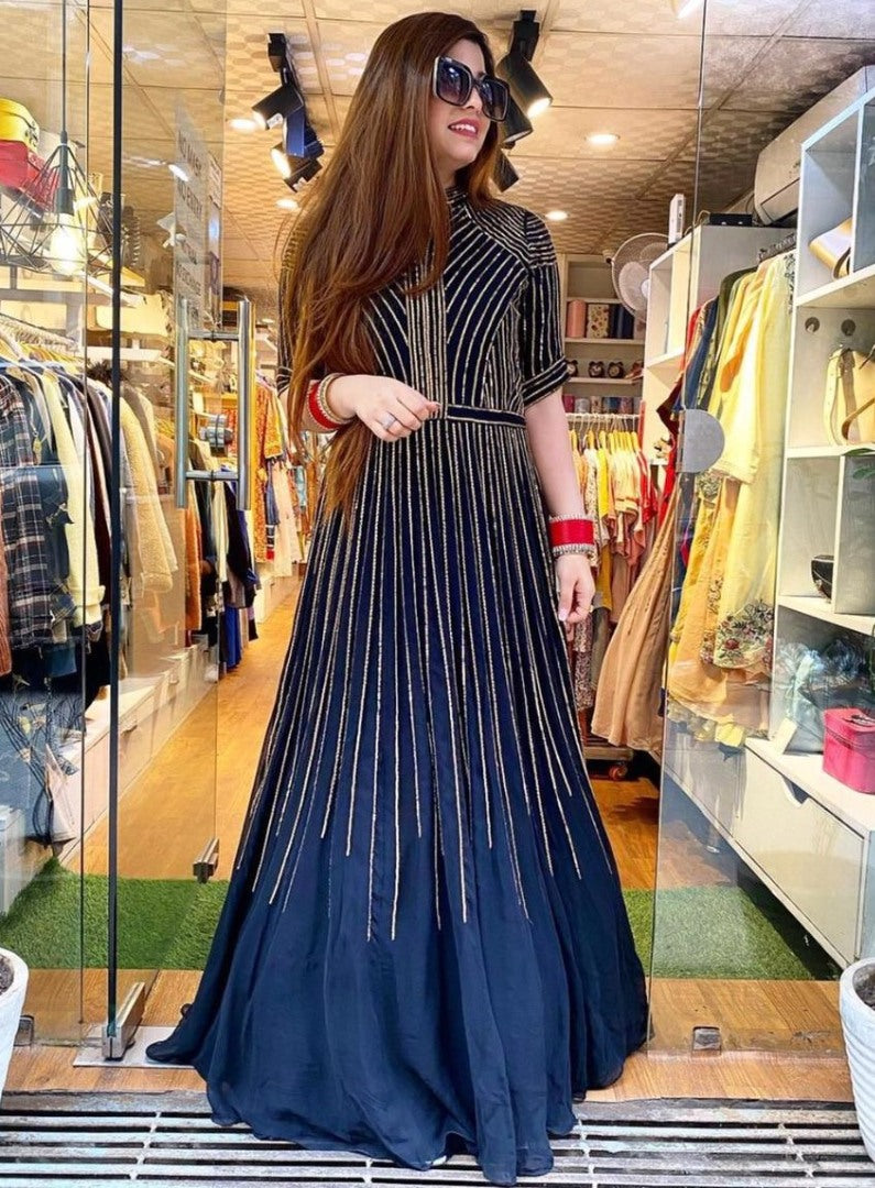 Dark blue tapeta silk sequence work gown