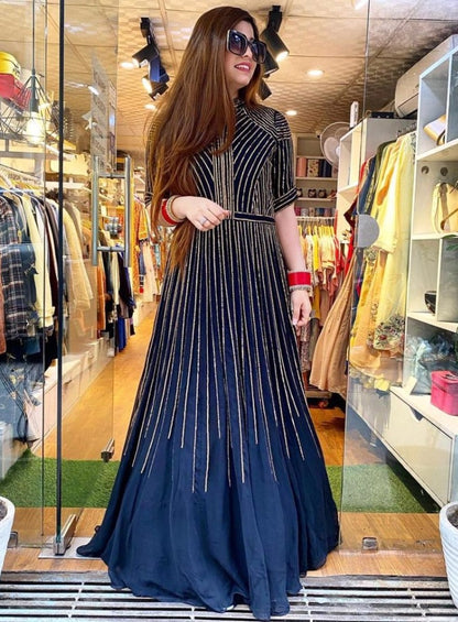 Dark blue tapeta silk sequence work gown