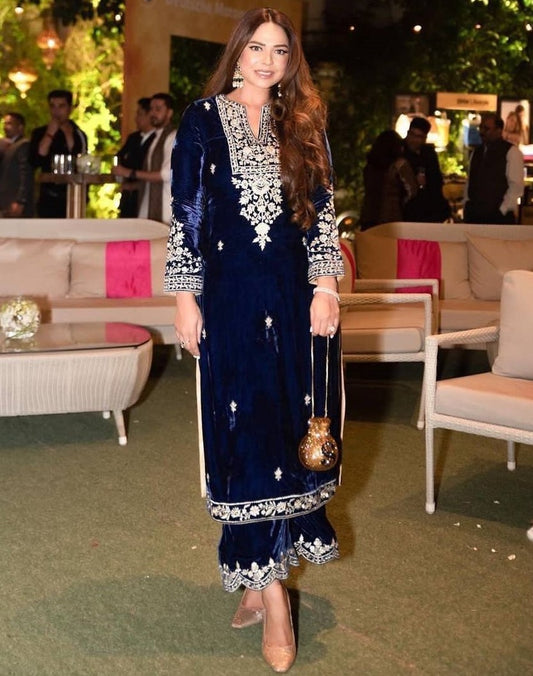 Dark blue velvet embroidered plazzo suit