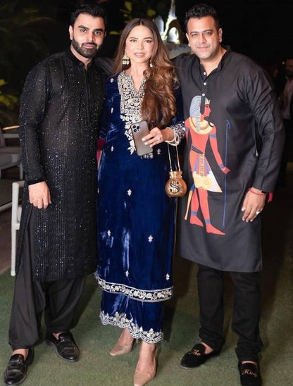 Dark blue velvet embroidered plazzo suit