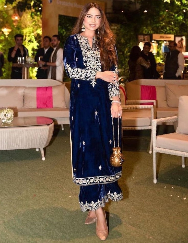 Dark blue velvet embroidered plazzo suit