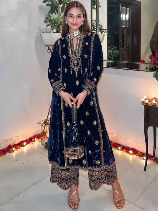 Dark blue velvet embroidery worked plazzo suit