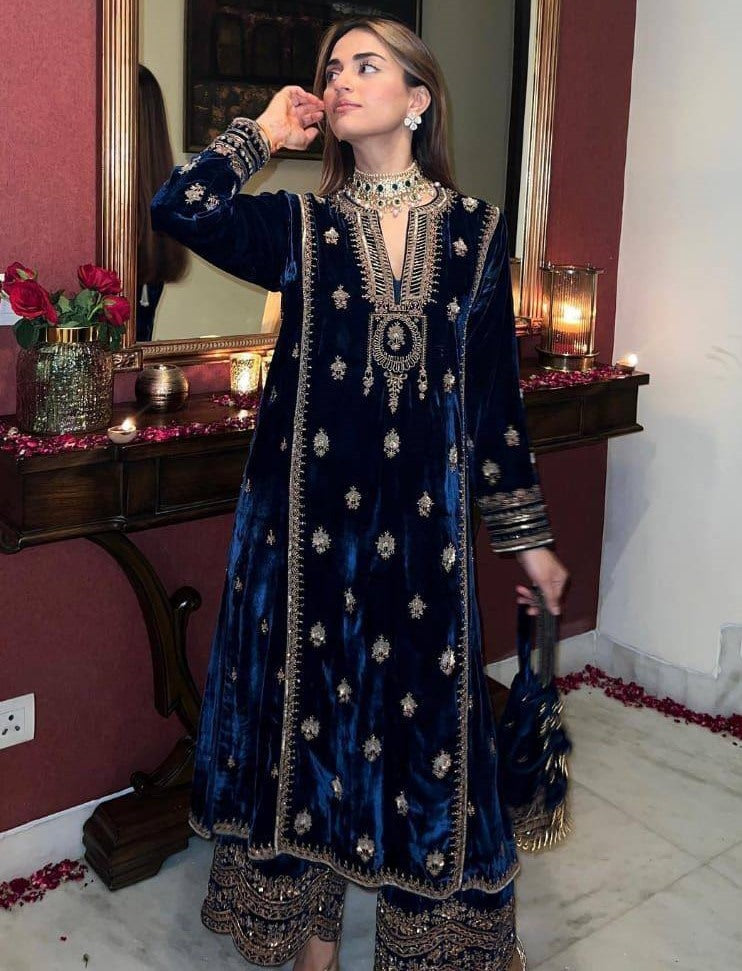 Dark blue velvet embroidery worked plazzo suit