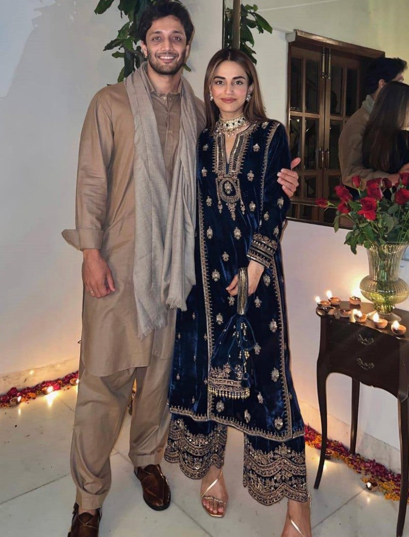 Dark blue velvet embroidery worked plazzo suit