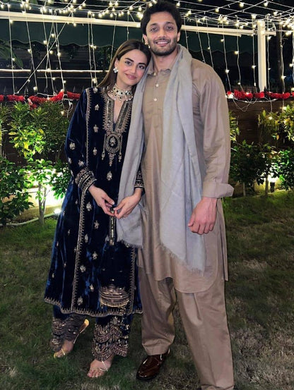 Dark blue velvet embroidery worked plazzo suit