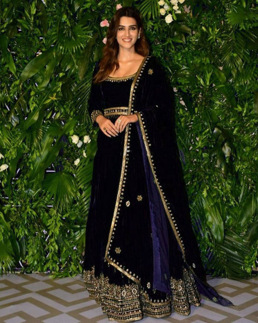 Dark blue velvet embroidery worked wedding gown