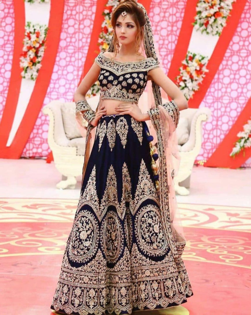 Dark blue velvet heavy designer embroidered bridal lehenga choli