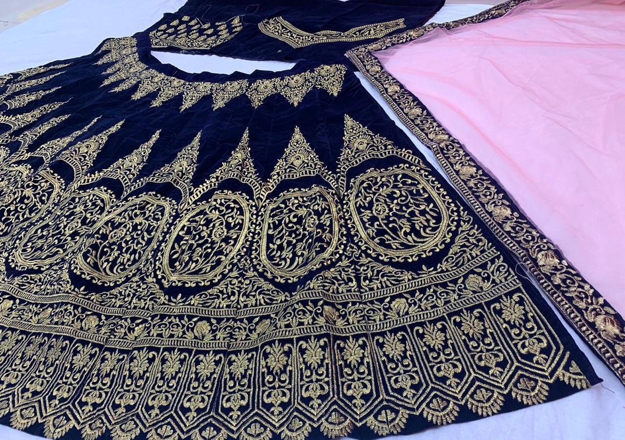 Dark blue velvet heavy designer embroidered bridal lehenga choli