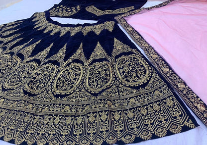 Dark blue velvet heavy designer embroidered bridal lehenga choli