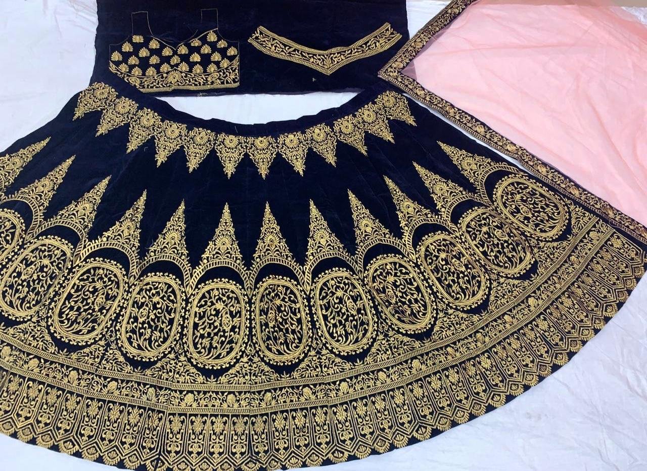 Dark blue velvet heavy designer embroidered bridal lehenga choli