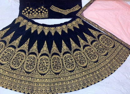 Dark blue velvet heavy designer embroidered bridal lehenga choli