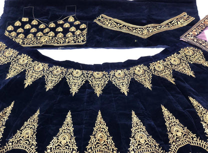 Dark blue velvet heavy designer embroidered bridal lehenga choli