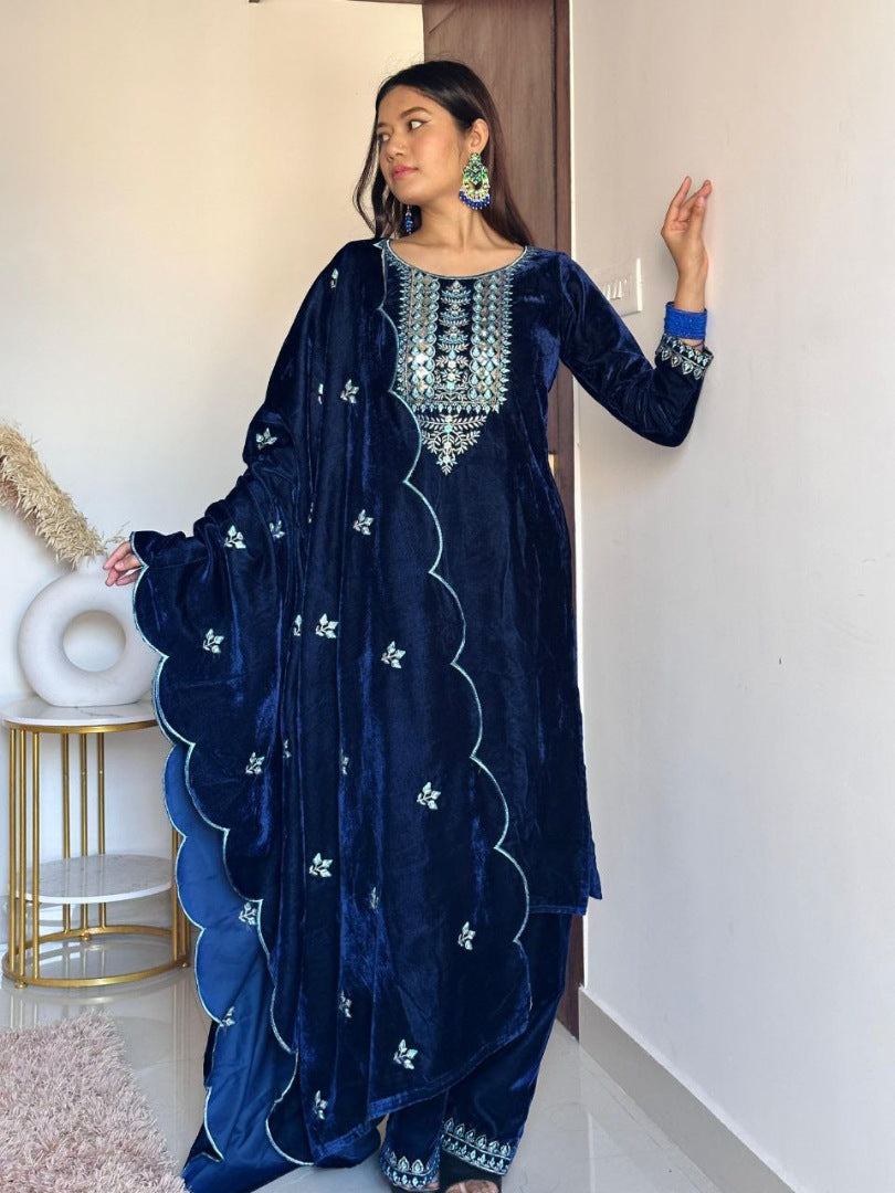 Dark blue velvet palazzo suit