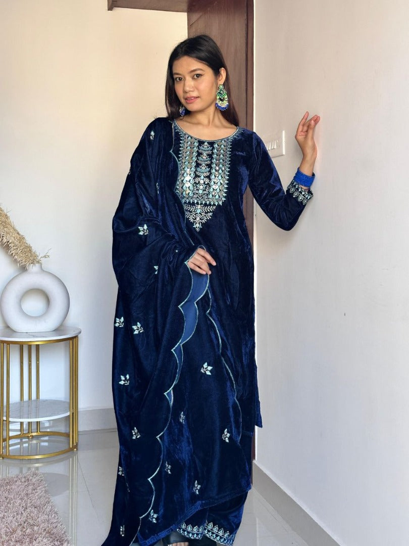 Dark blue velvet palazzo suit