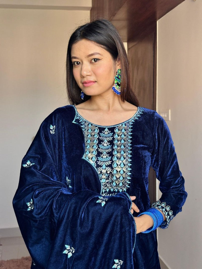 Dark blue velvet palazzo suit