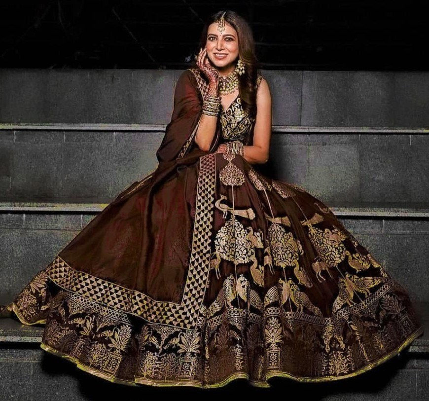 Dark brown gotta satin digital printed wedding lehenga choli