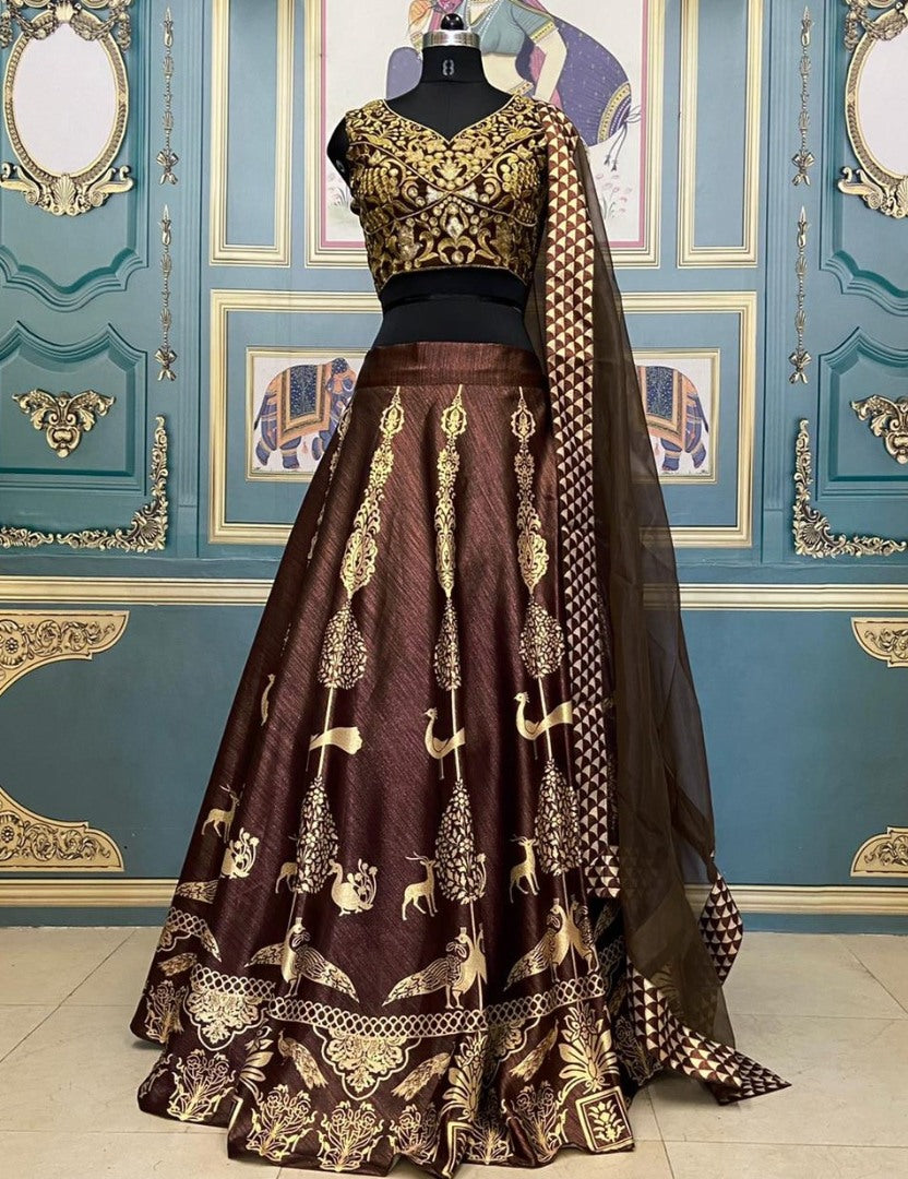 Dark brown gotta satin digital printed wedding lehenga choli