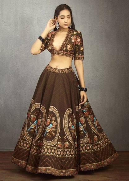 Dark brown italian silk digital printed designer lehenga choli