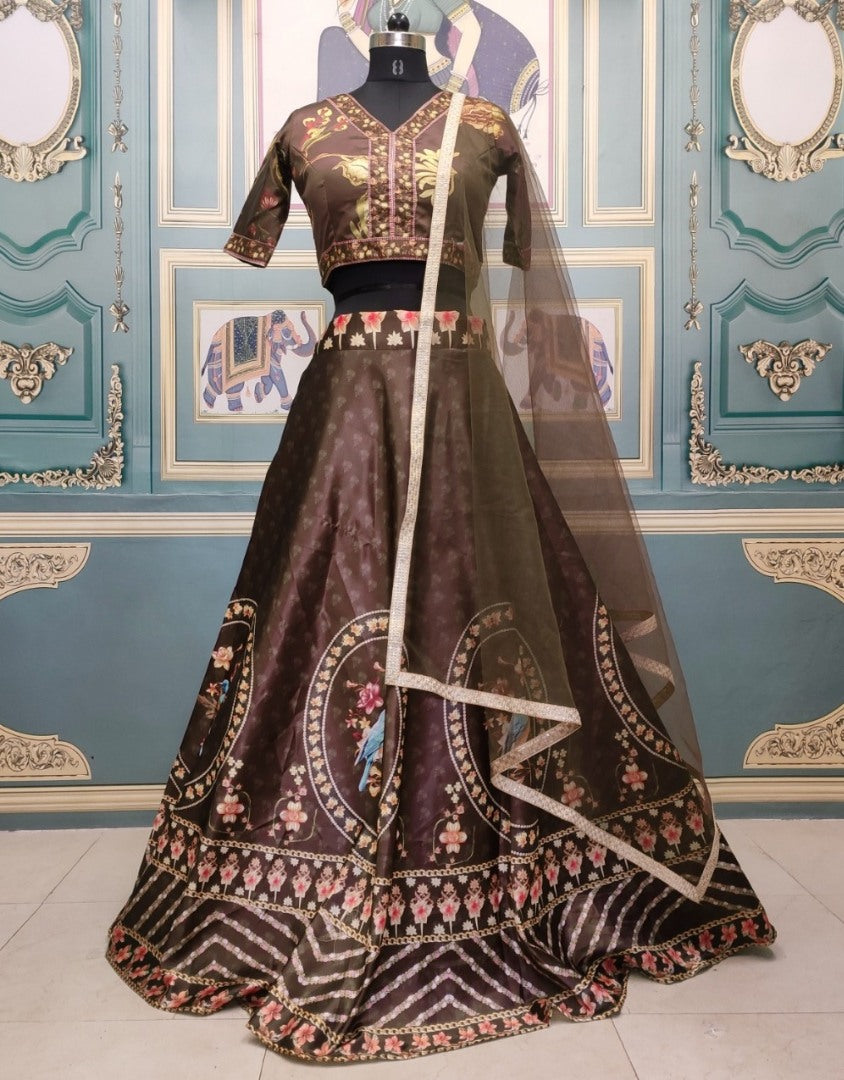 Dark brown italian silk digital printed designer lehenga choli