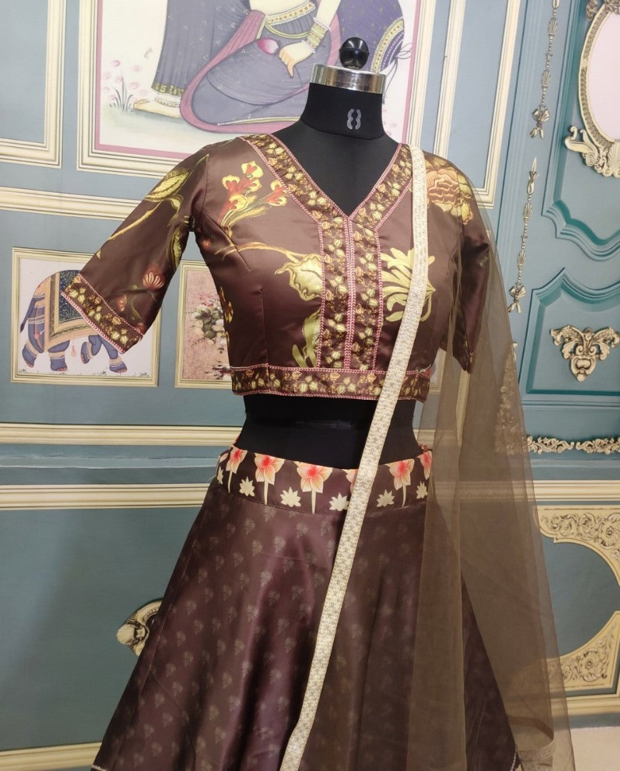 Dark brown italian silk digital printed designer lehenga choli
