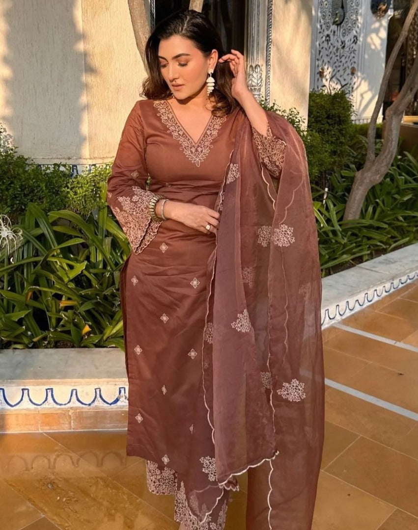 Dark brown muslin cotton thread work pant salwar suit