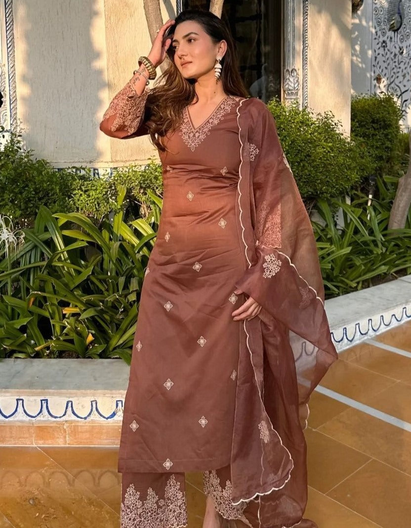 Dark brown muslin cotton thread work pant salwar suit