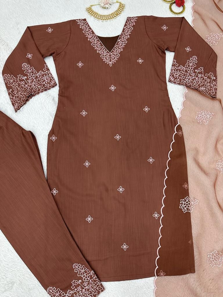 Dark brown muslin cotton thread work pant salwar suit