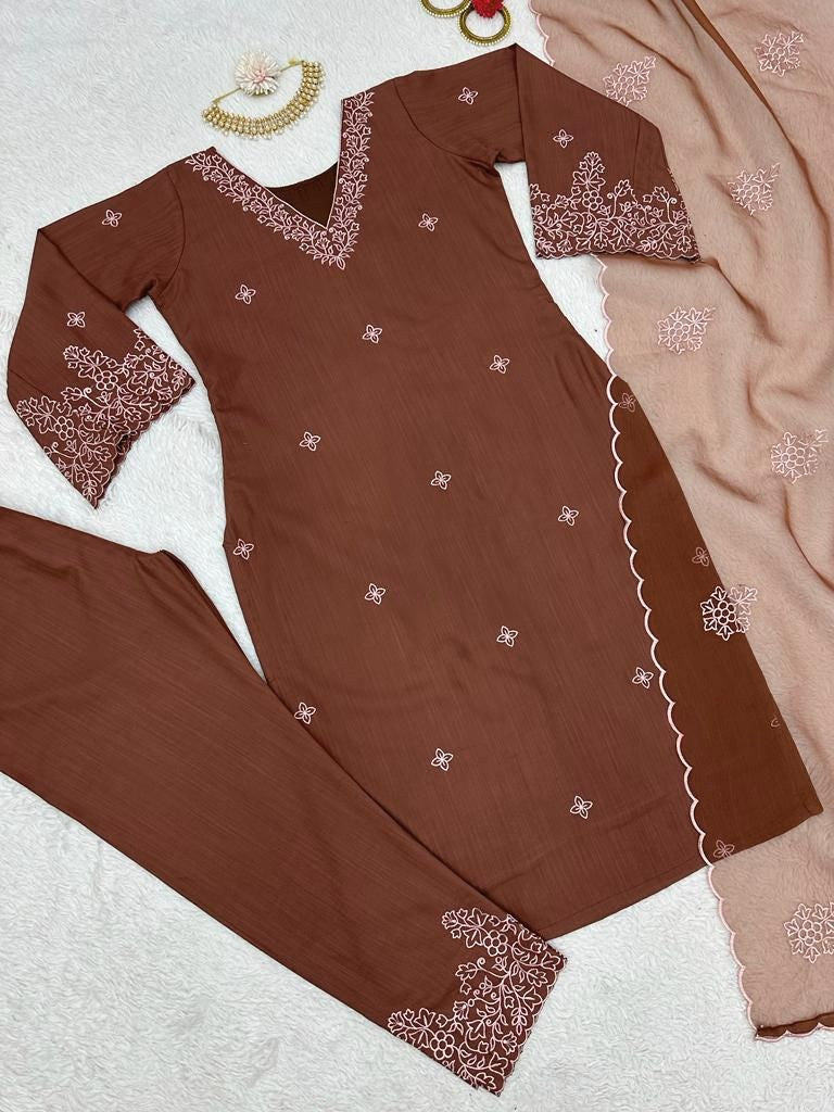 Dark brown muslin cotton thread work pant salwar suit