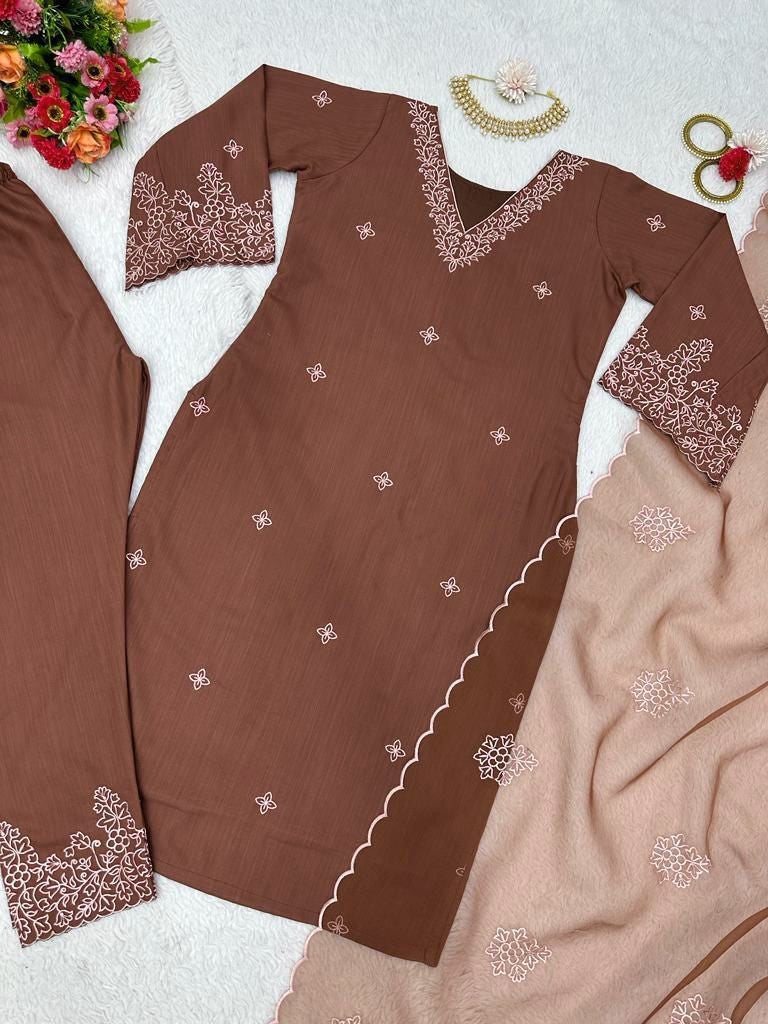 Dark brown muslin cotton thread work pant salwar suit