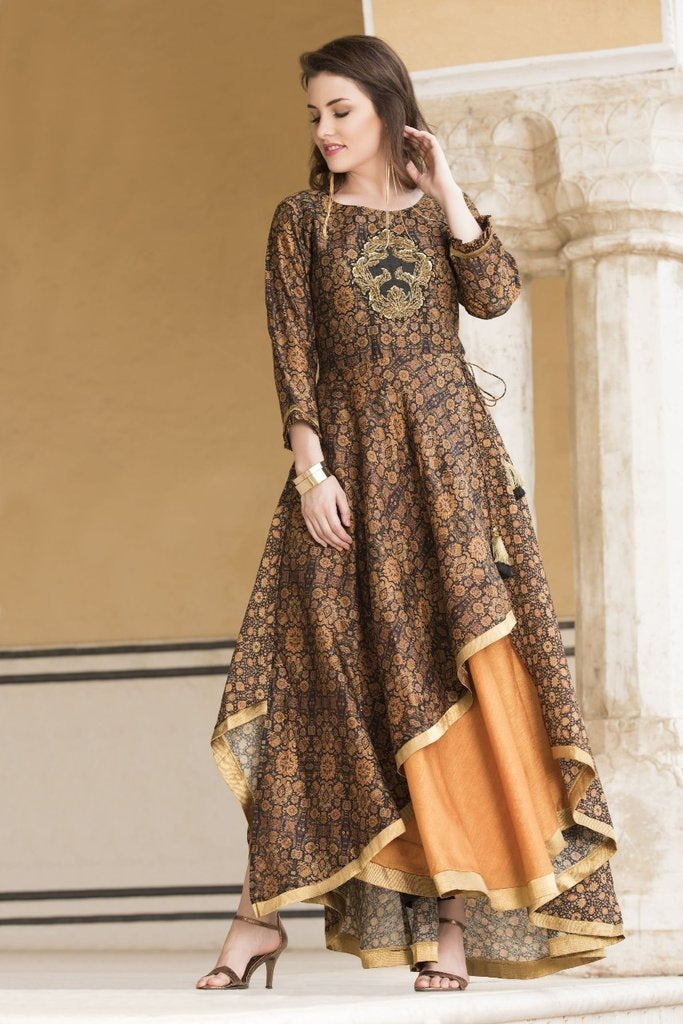 dark coffee and yellow cotton printed casual kurti