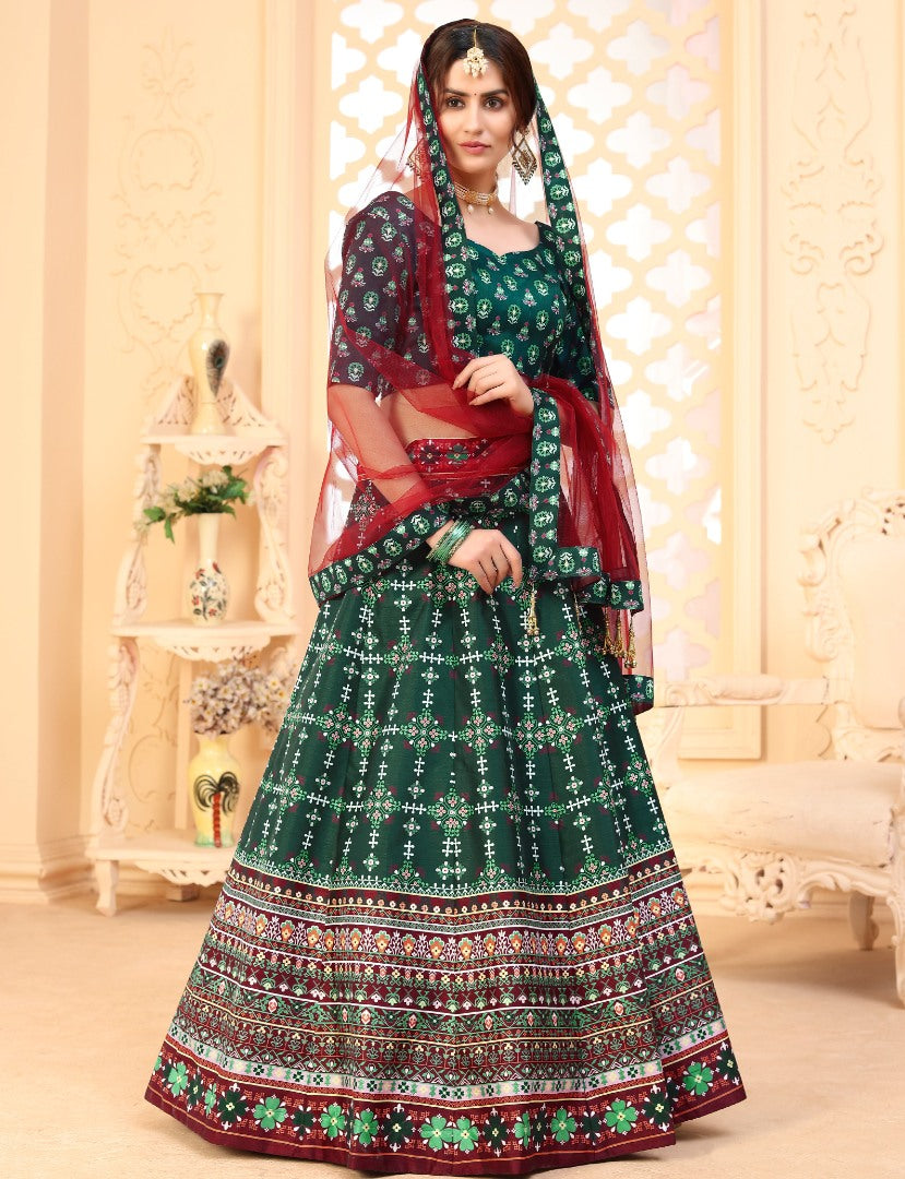 Dark green art silk digital printed party wear & ceremonial lehenga choli