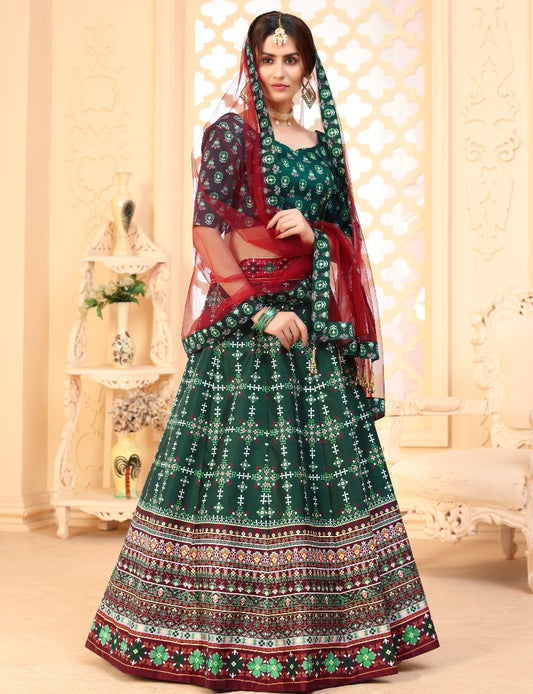 Dark green art silk digital printed party wear & ceremonial lehenga choli