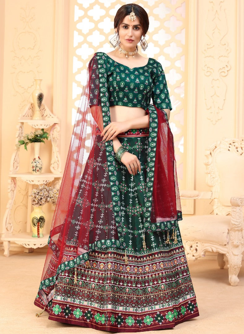 Dark green art silk digital printed party wear & ceremonial lehenga choli