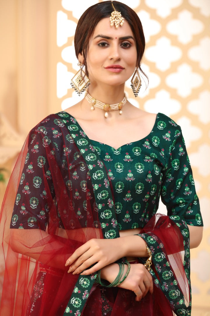 Dark green art silk digital printed party wear & ceremonial lehenga choli