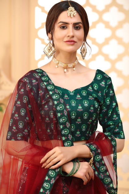 Dark green art silk digital printed party wear & ceremonial lehenga choli