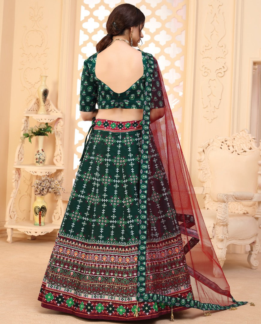 Dark green art silk digital printed party wear & ceremonial lehenga choli
