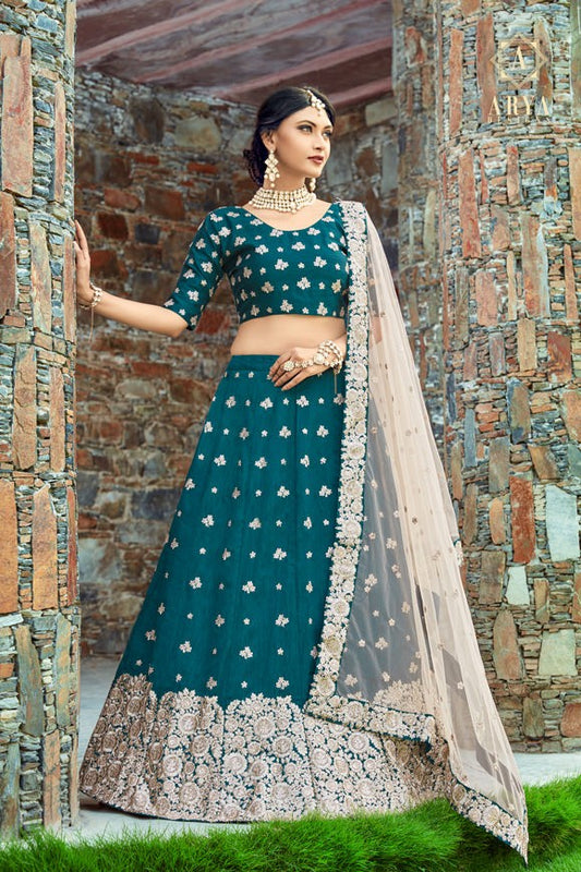 dark green art silk embroidered wedding lehenga