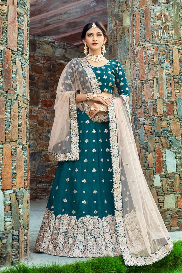 dark green art silk embroidered wedding lehenga
