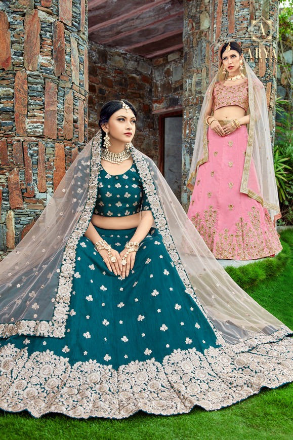 dark green art silk embroidered wedding lehenga