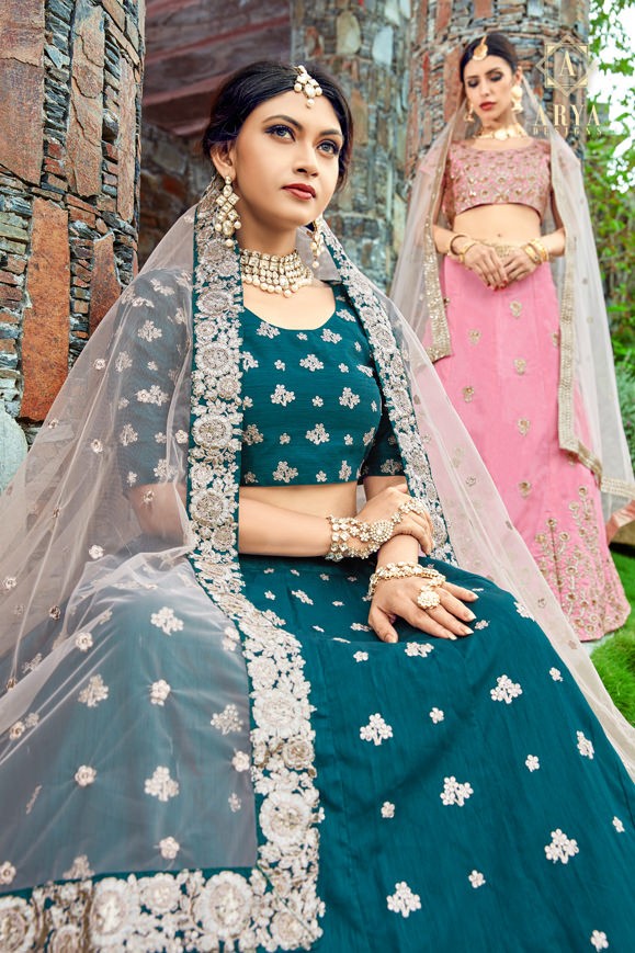 dark green art silk embroidered wedding lehenga