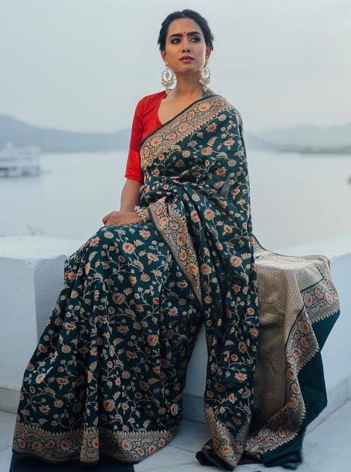 Dark green banari silk jacqard work saree